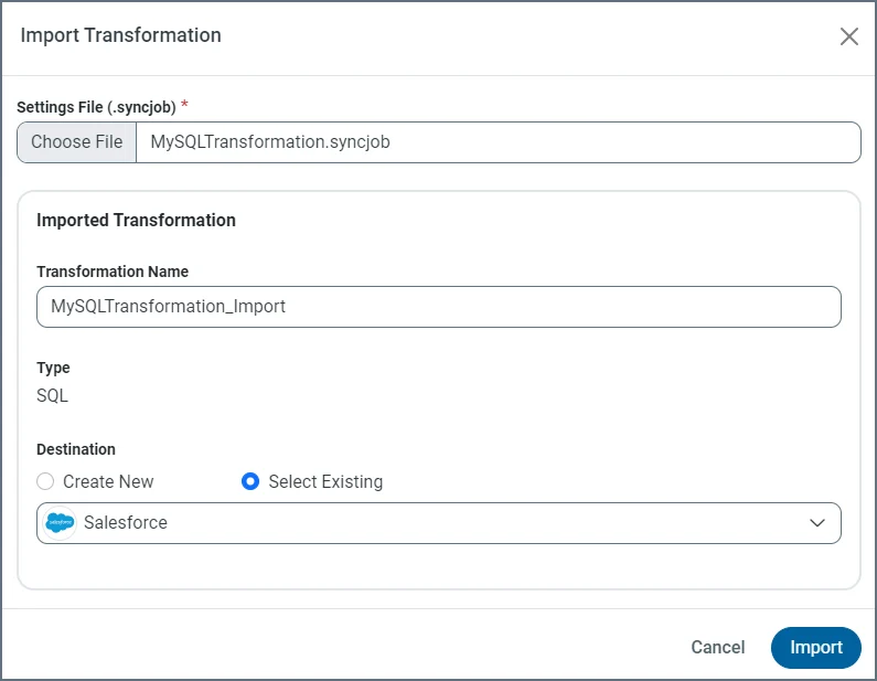 Import Transformation dialog box