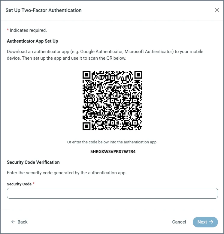 Set Up Two-Factor Authentication QR code dialog box