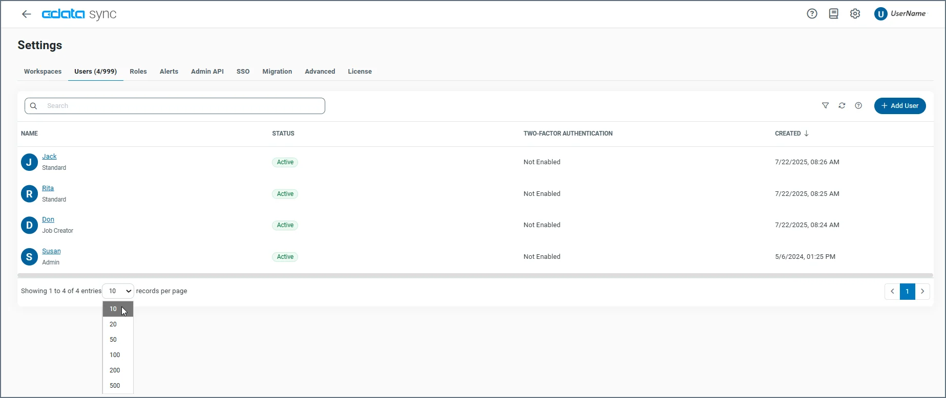 Users table on the Settings page