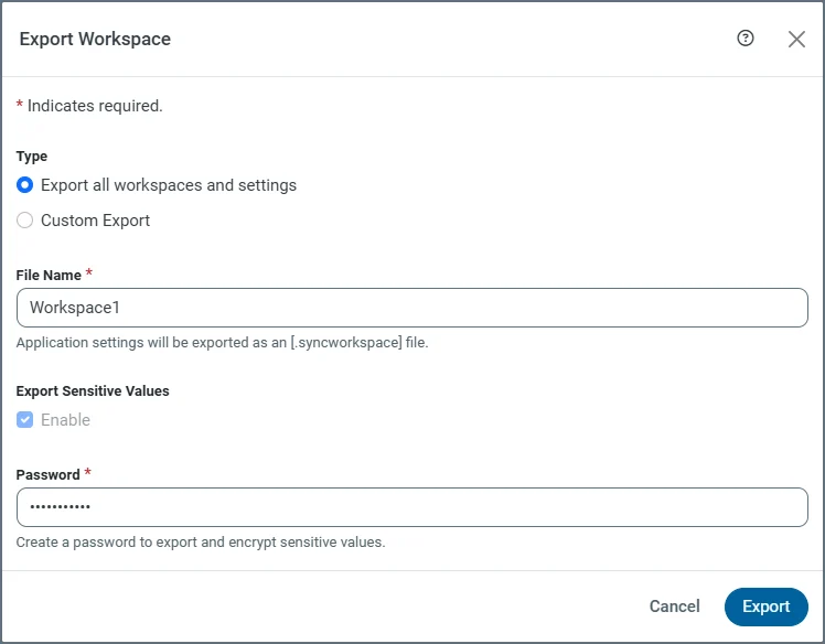 Export Workspace dialog box