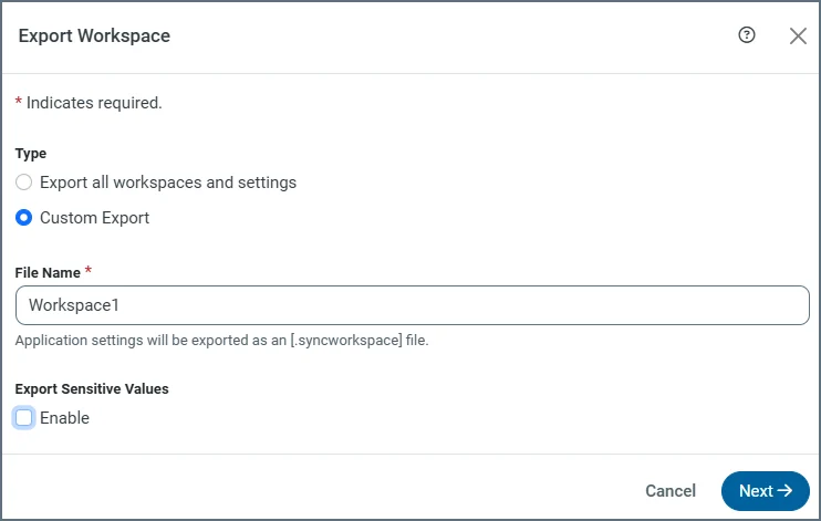 Export Workspace dialog box with Custom Export selected