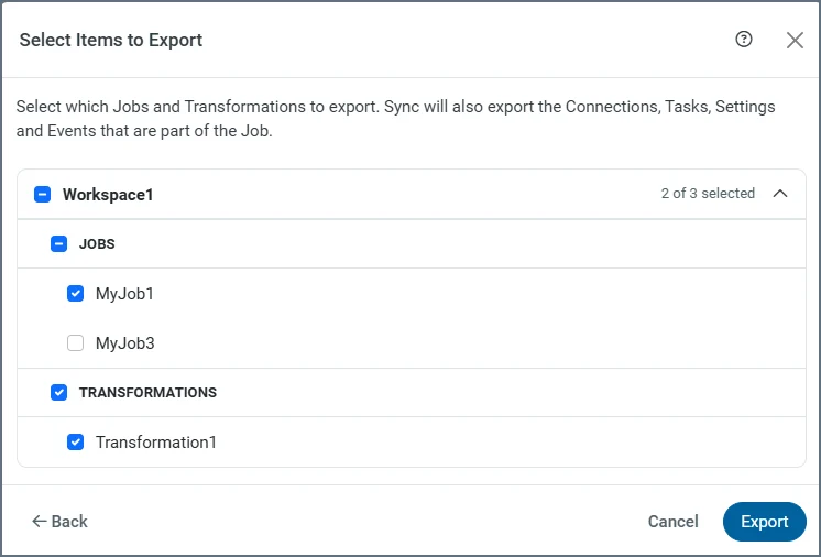 Select Items to Export dialog box
