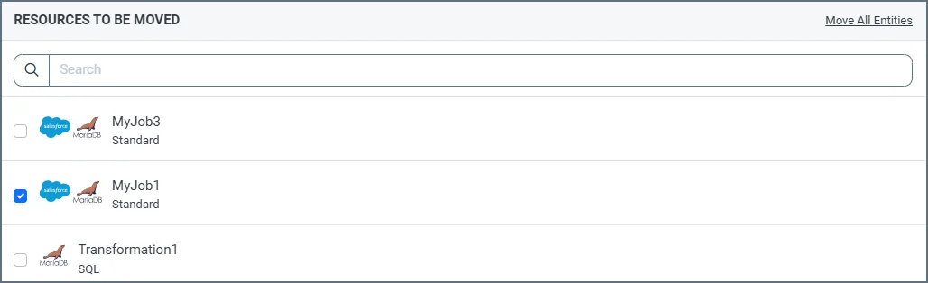 Move Workspace Entities dialog box with selected resources