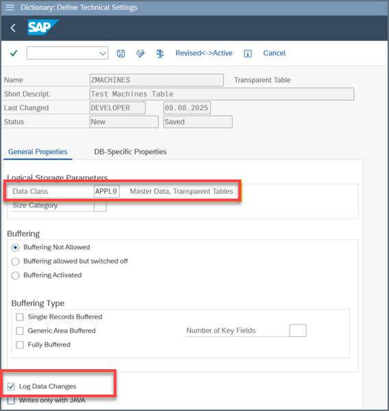 Log Data Changes チェックボックスを表示しているDictionary Define Technical Settings ページ