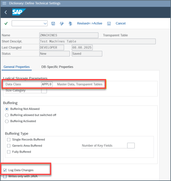 Log Data Changes チェックボックスを表示しているDictionary Define Technical Settings ページ
