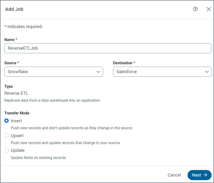 Add Job dialog box for reverse ETL