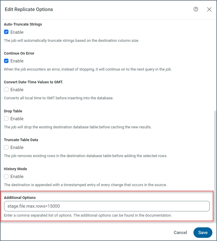 Stage file configuration on the Advanced tab