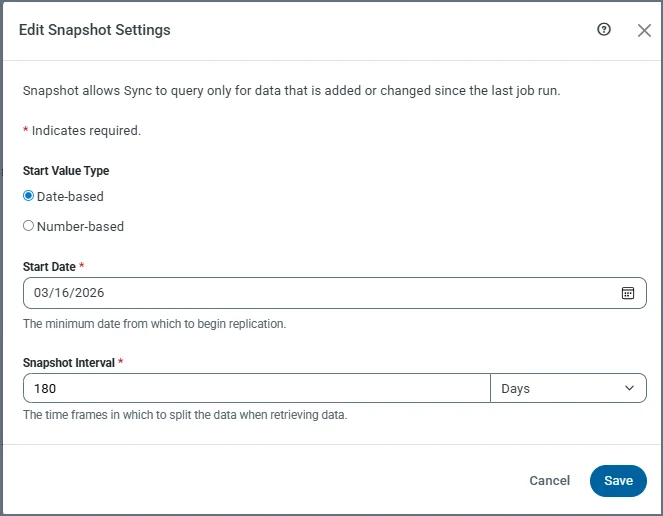 Edit Snapshot Settings dialog box showing Date-based start date option