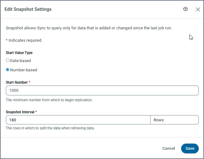 Edit Snapshot Settings dialog box showing Number-based start number option