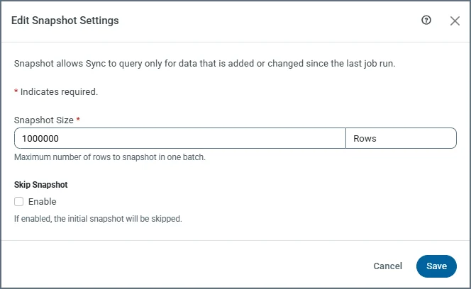 Edit Snapshot Settings dialog box for CDC jobs showing Snapshot Size