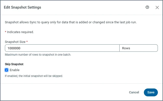 Edit Snapshot Settings dialog box for CDC jobs showing Skip Snapshot option