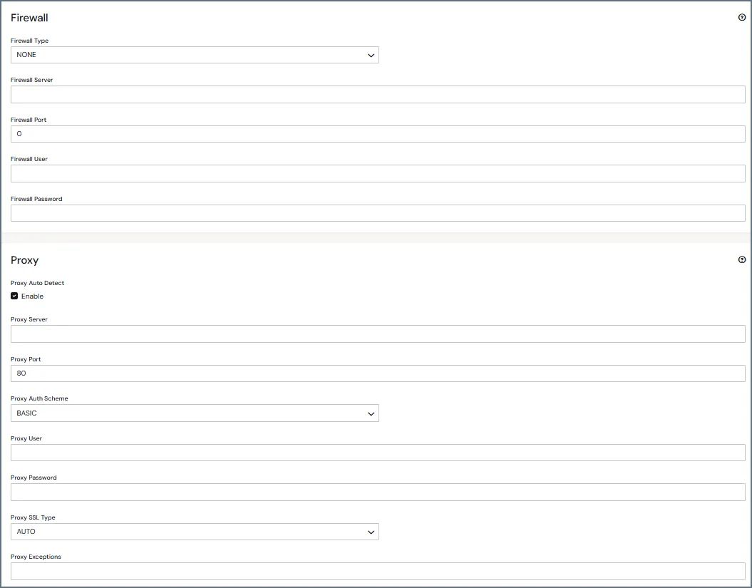 Connection-level proxy and firewall settings on the Advanced tab
