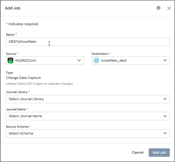 DB2 for i CDC job creation form