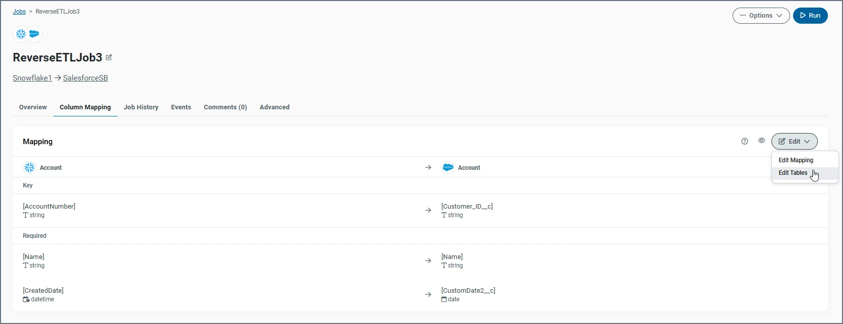 Column Mapping tab showing source and destination mappings