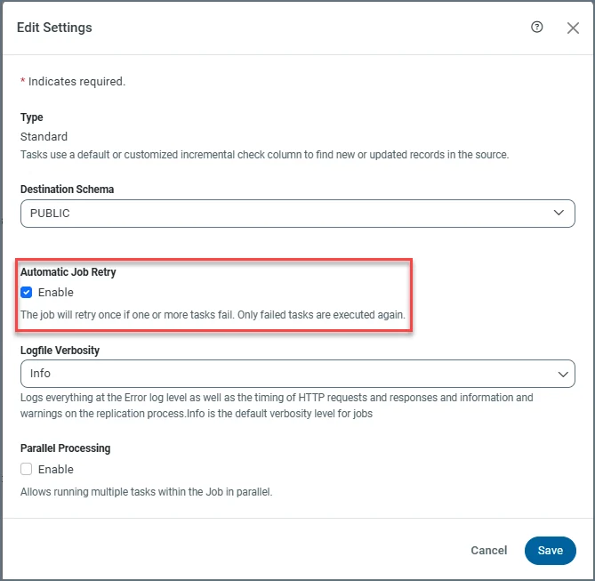 Edit Settings dialog box showing Automatic Job Retry option