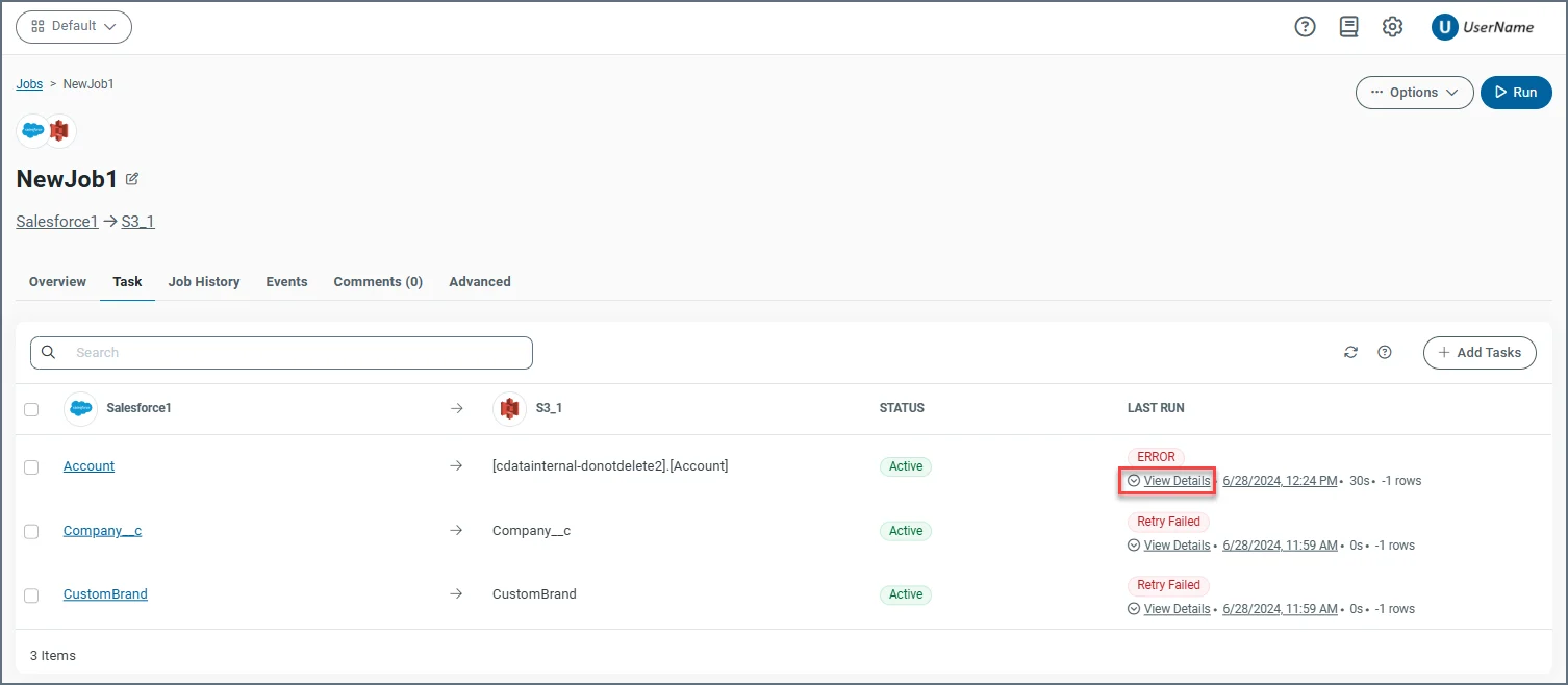 Job task details showing RETRY FAILED status and View Details link