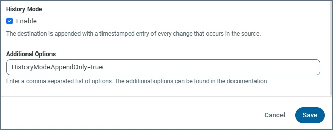 Edit Replicate Options dialog box showing HistoryModeAppendOnly option for a task