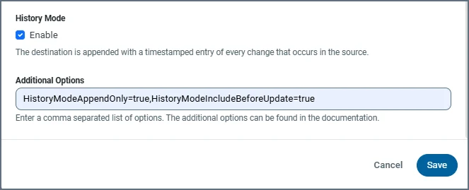 Edit Replicate Options dialog box showing HistoryModeIncludeBeforeUpdate option