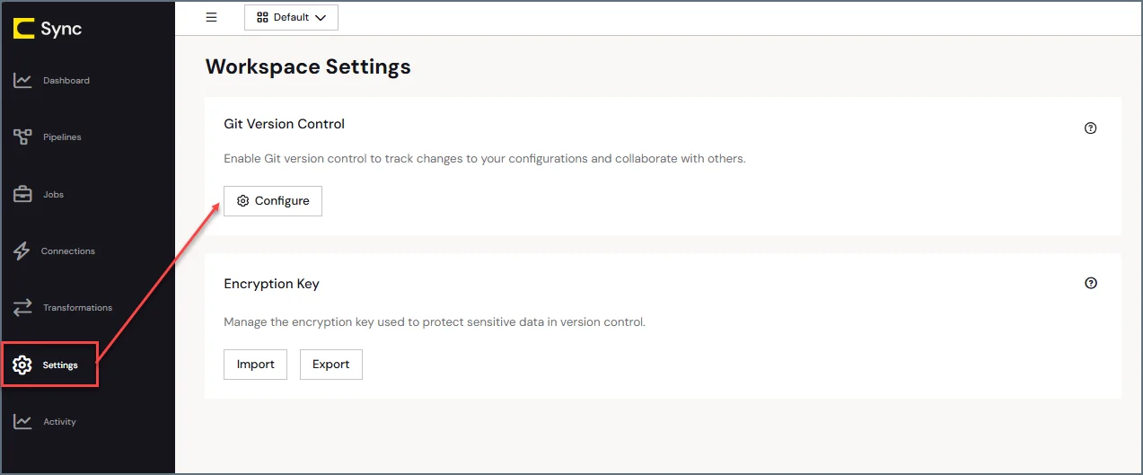 Git Version Control settings page