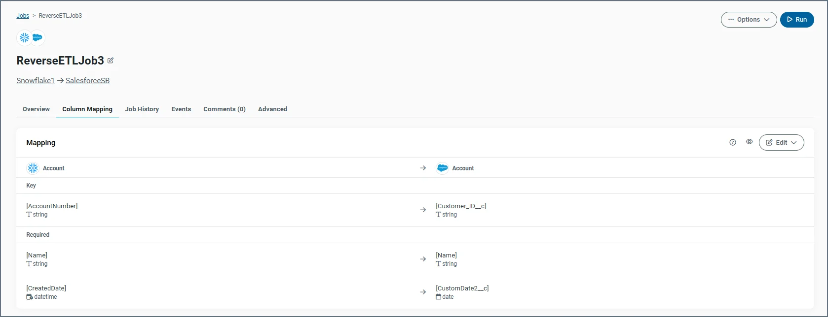 Column Mapping tab after job is created