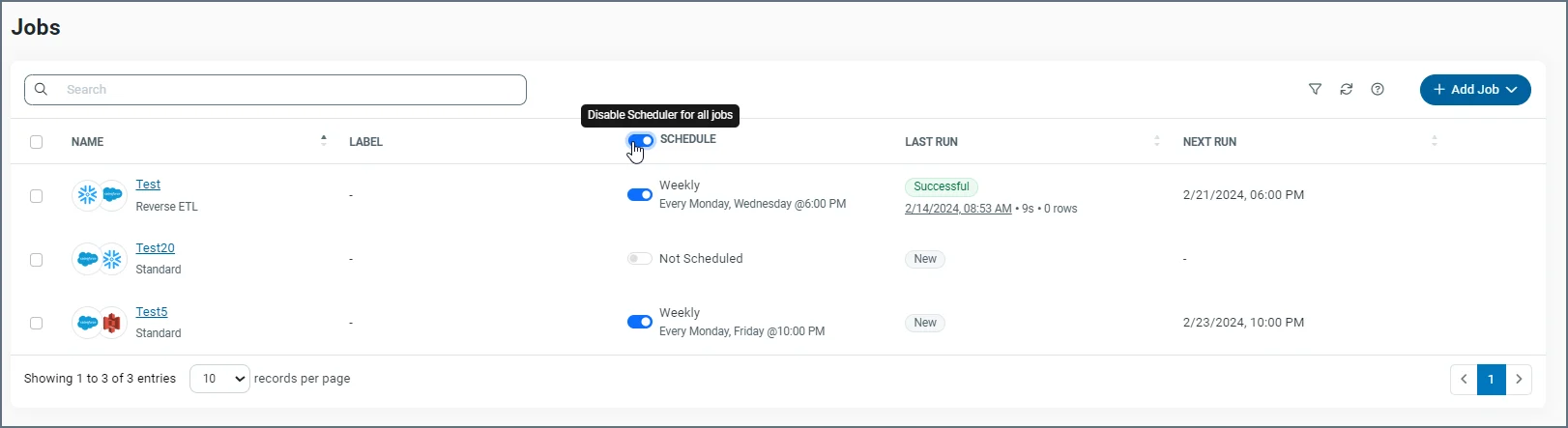 Schedule toggle on the Jobs page