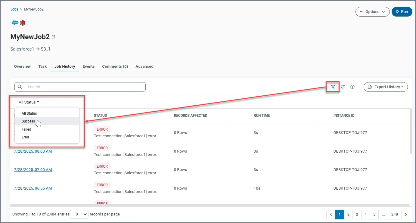 Log files table with Show Filter icon and All Status menu highlighted