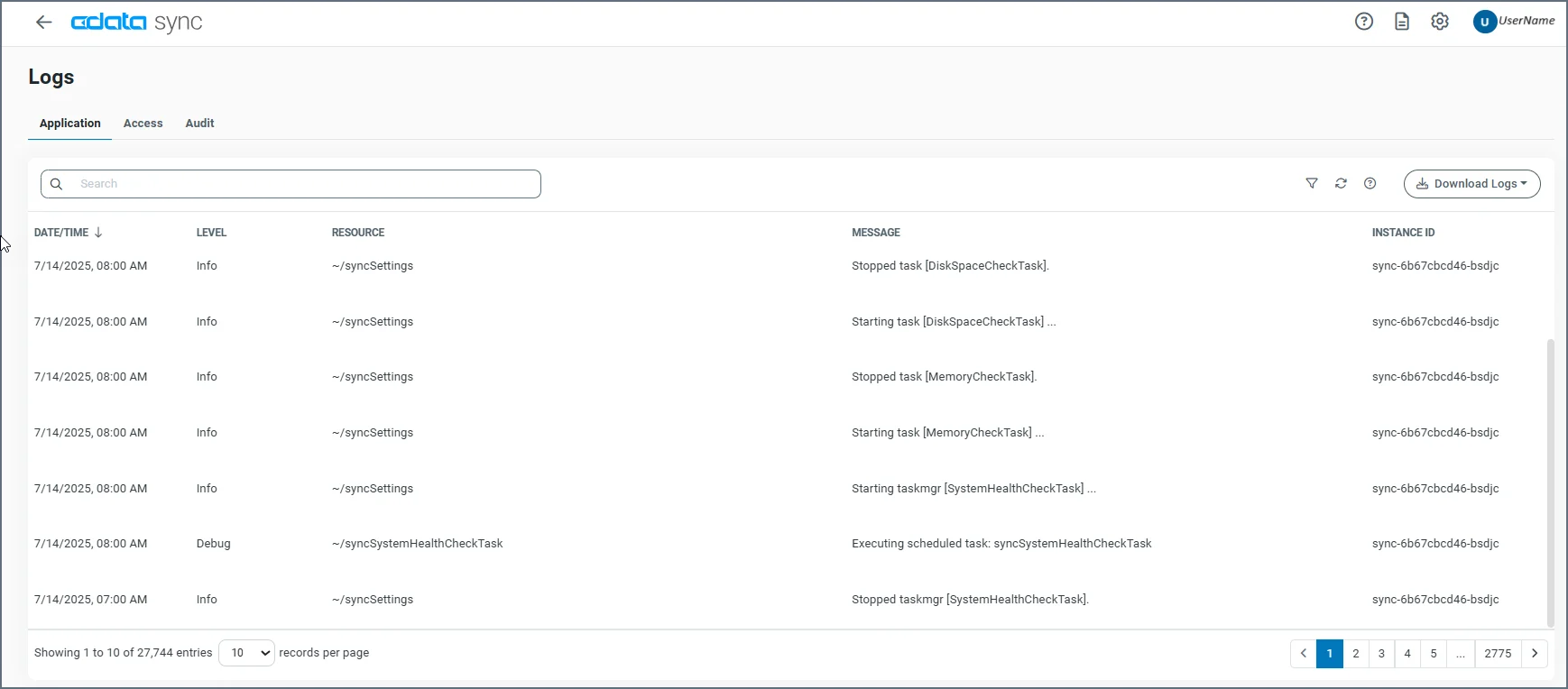 Logs page tabs