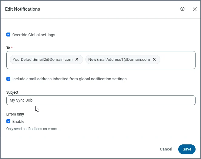 Edit Notifications dialog box with multiple recipients