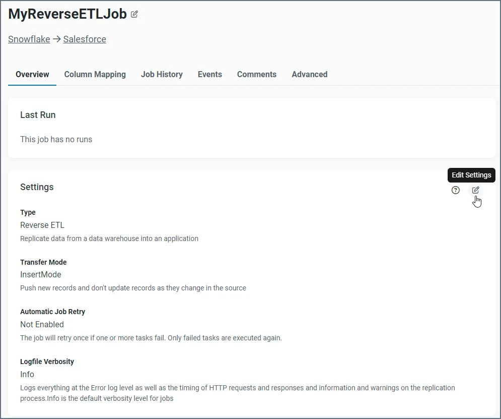 Overview tab for a reverse ETL job