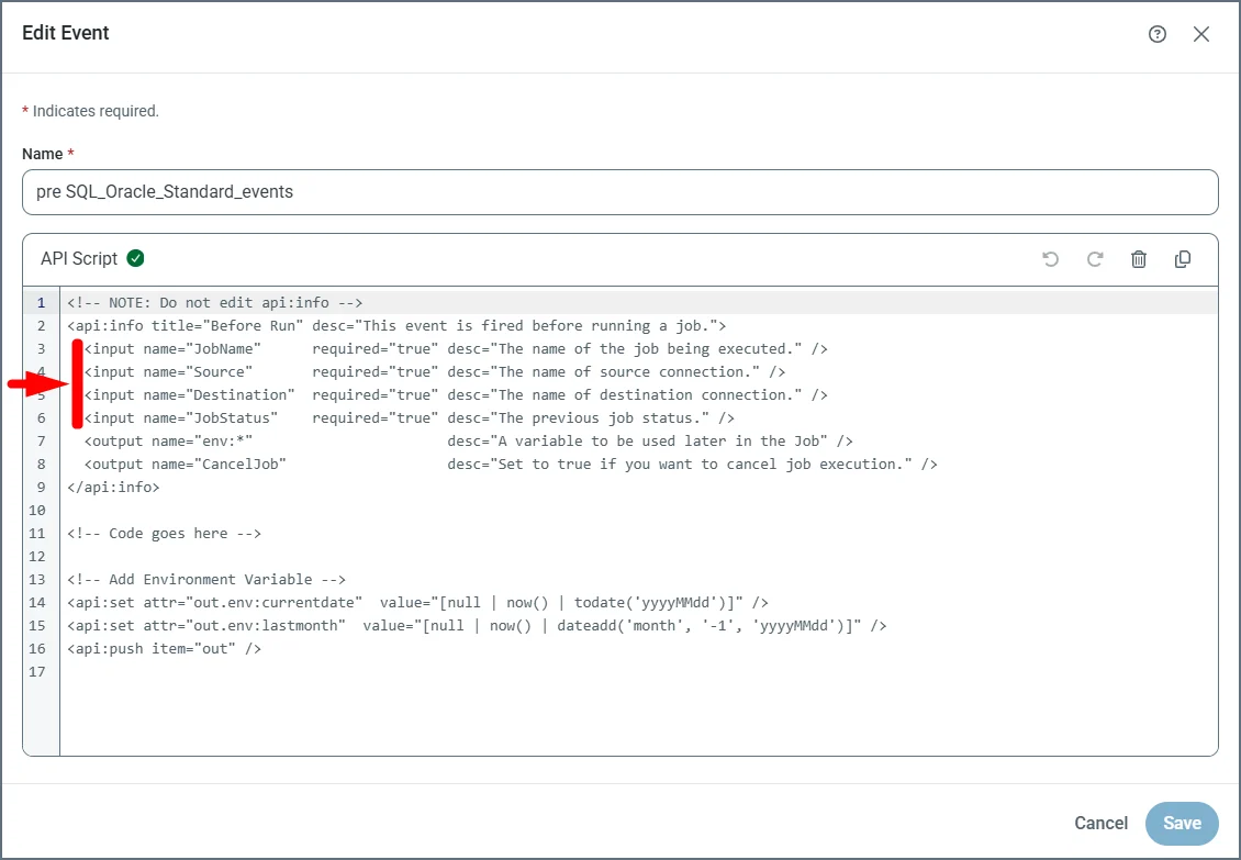 Pipeline error from input variables in event script