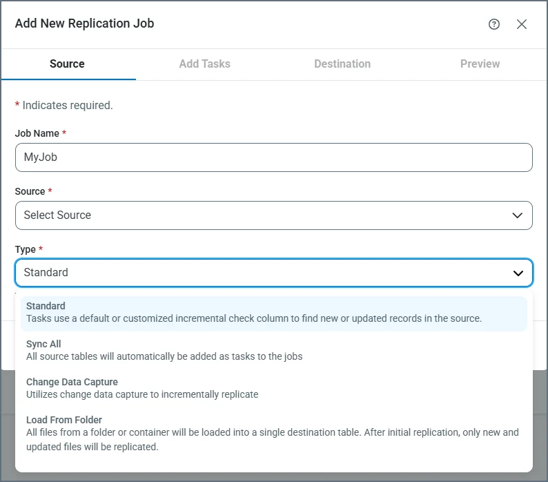 Source tab with job name and source connection fields