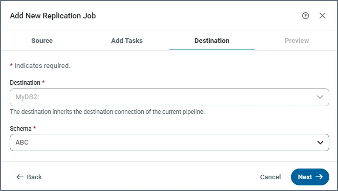 Destination tab with schema selection