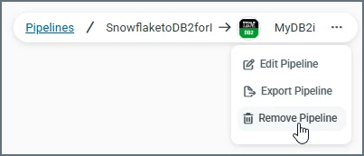 Pipeline editor options menu with Remove Pipeline option