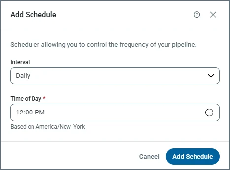 Add Schedule dialog with run interval selection