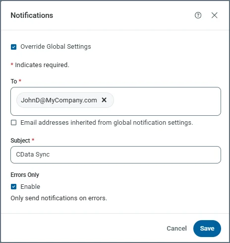 Notifications dialog with Override Global Settings option