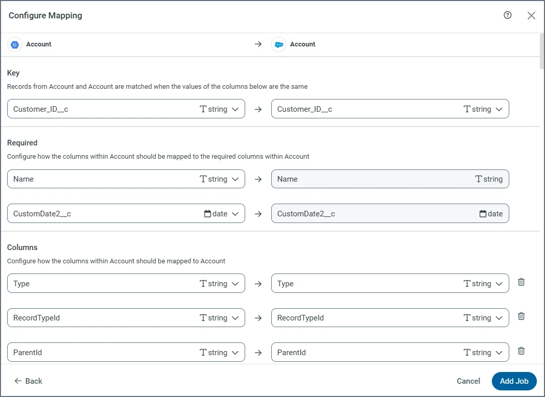 Configure Mapping dialog box after auto-mapping