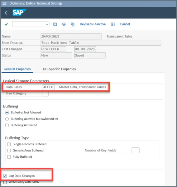 Dictionary Define Technical Settings page showing Log Data Changes checkbox