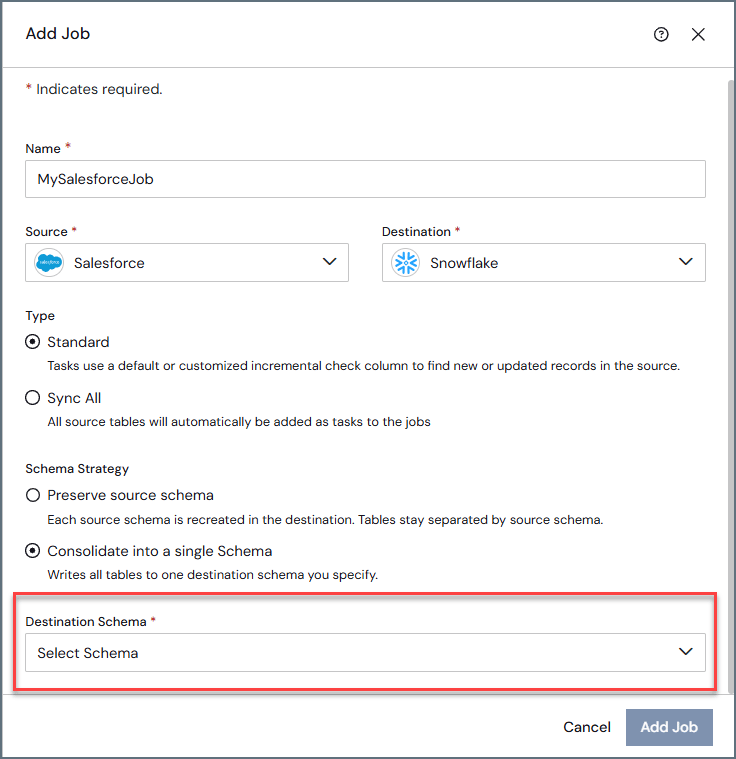 Selecting a destination schema