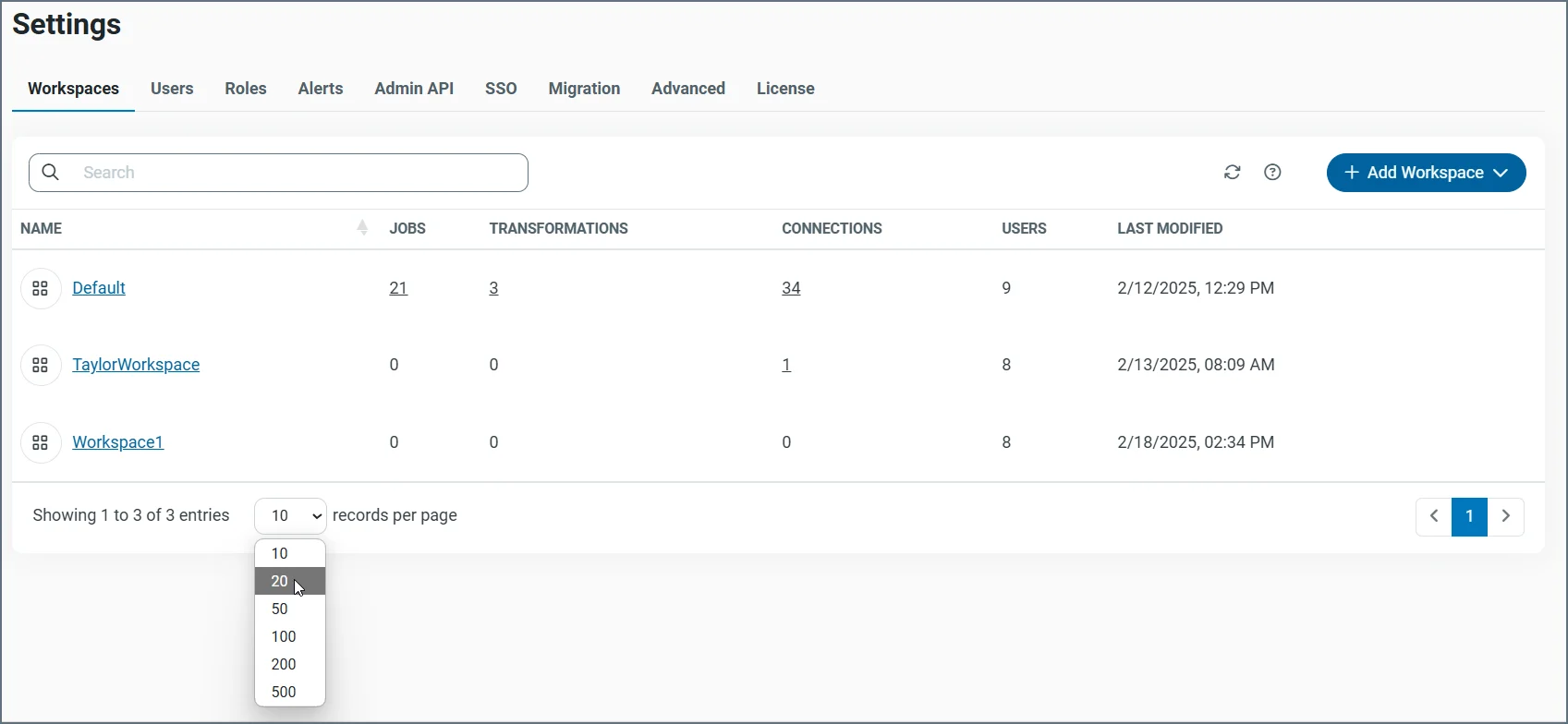 Workspaces table on the Settings page