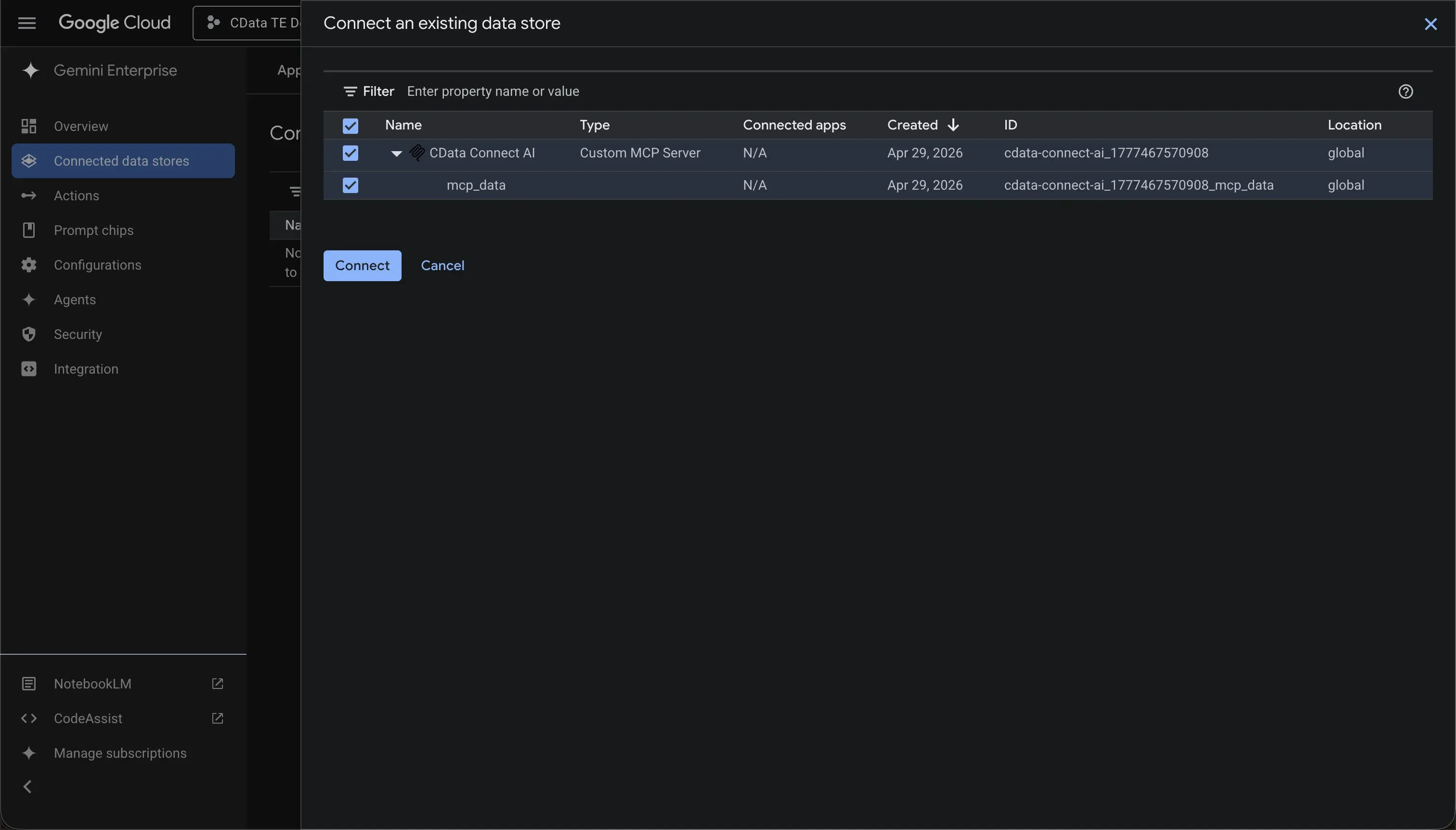 Connecting the data store to a Gemini Enterprise app