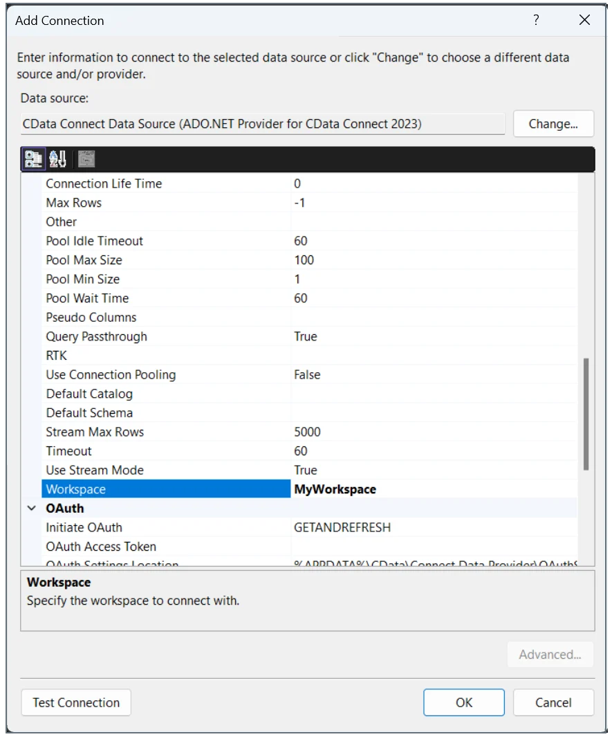 ADO.NET Specify Workspace