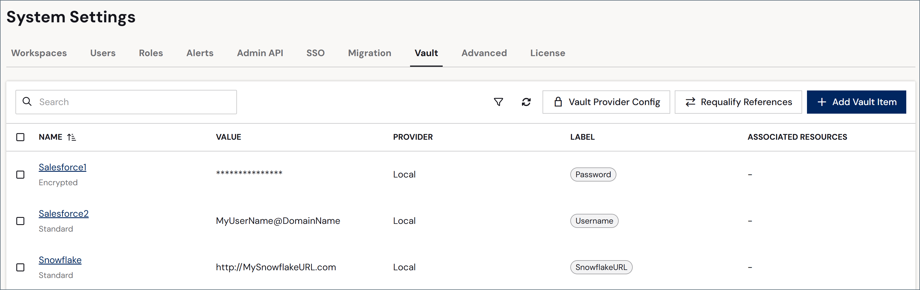 Vault アイテムが表示されたVault テーブル