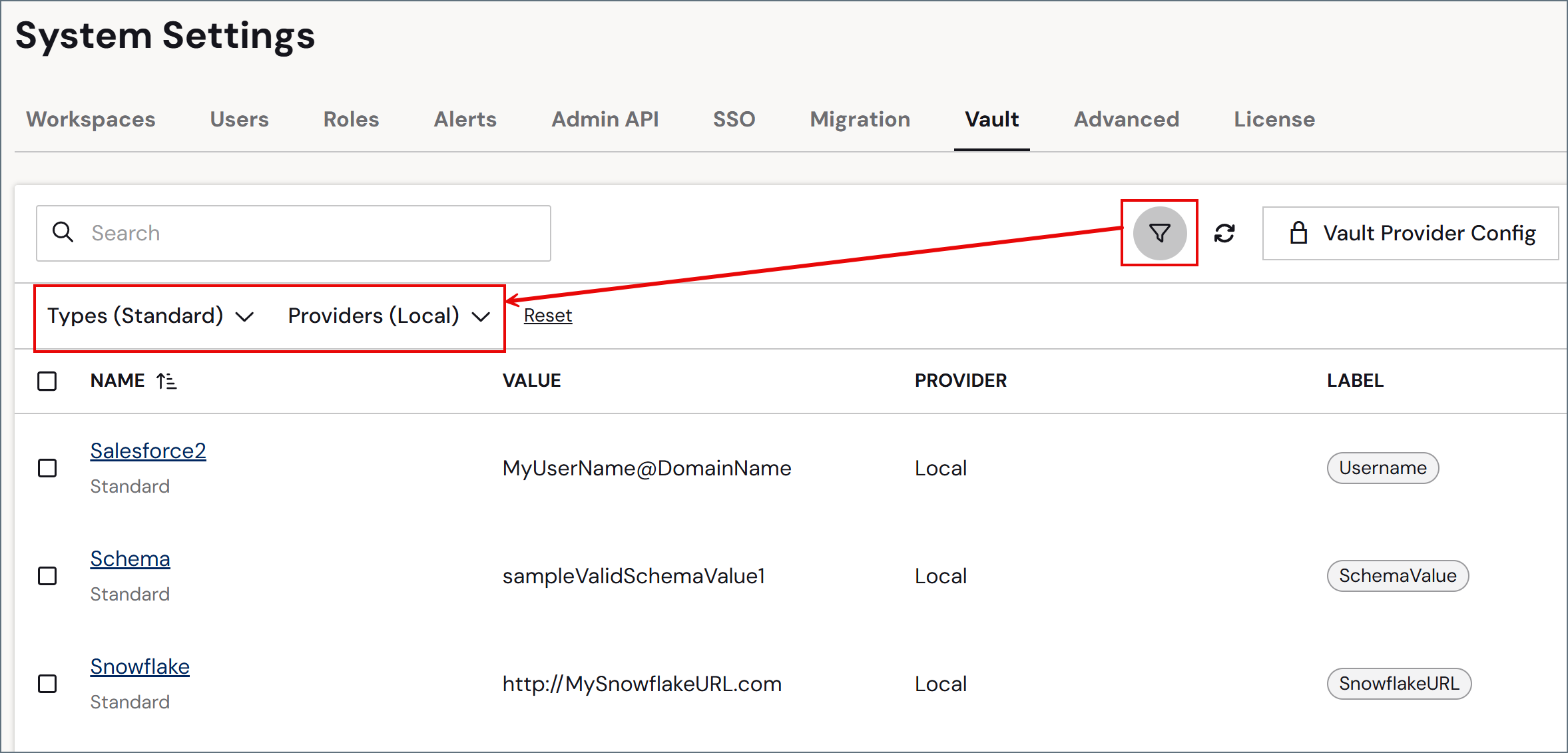 フィルタされたVault アイテムのリスト