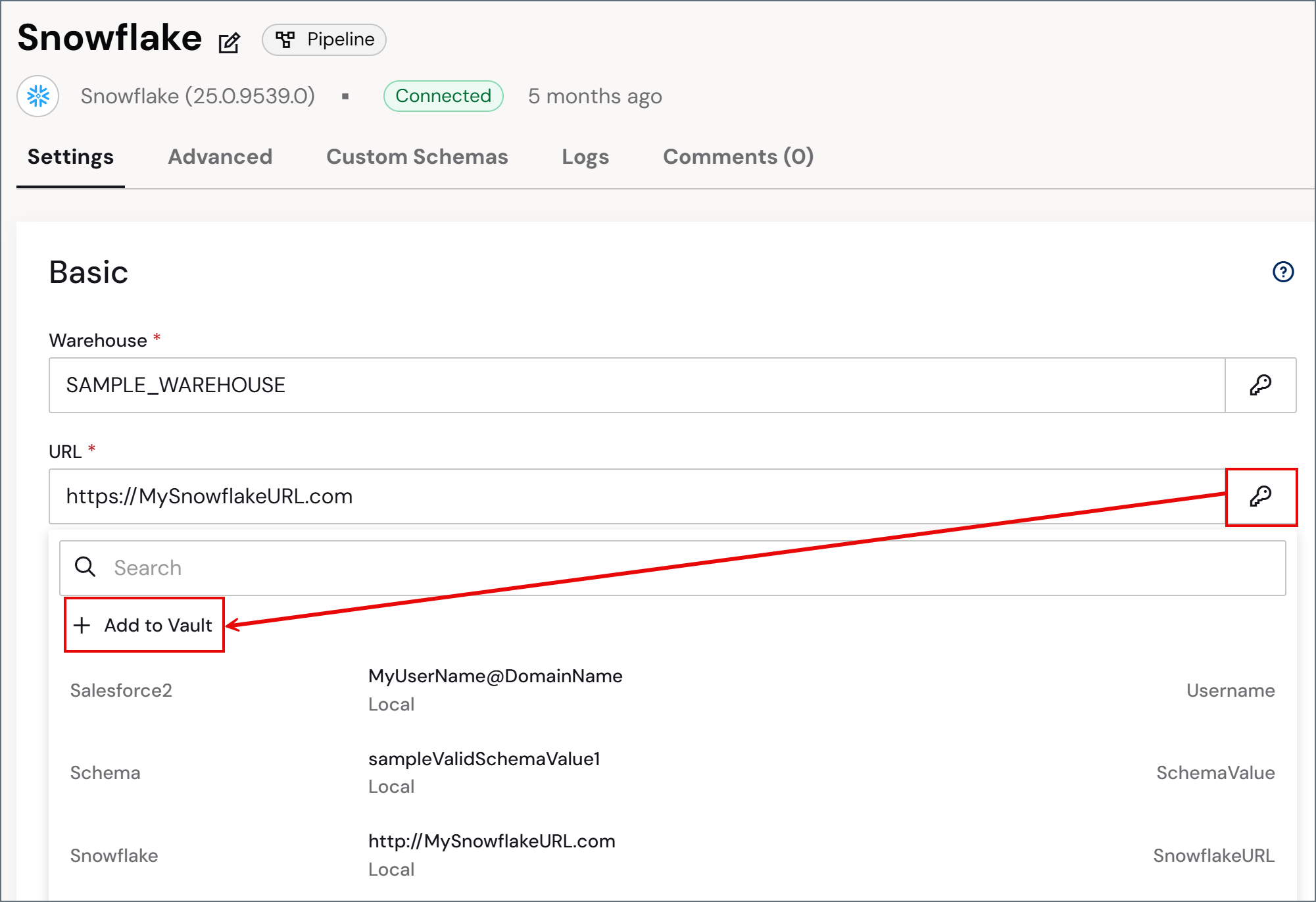 キーアイコンを使用してコネクタのフィールドからVault アイテムを追加