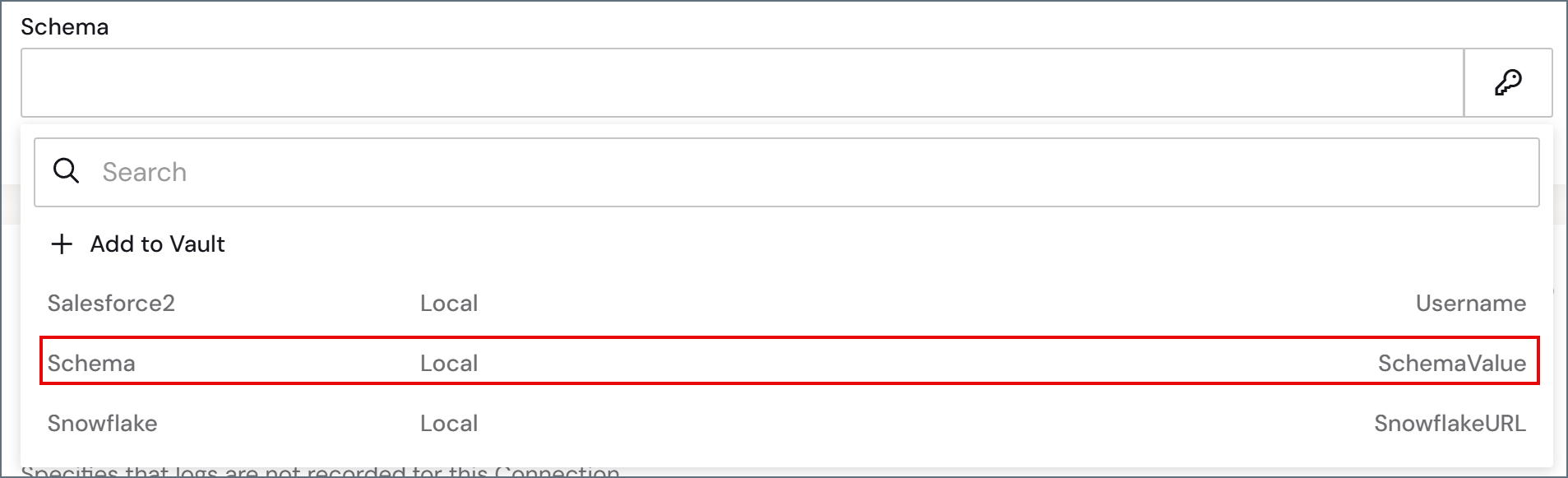 コネクタのフィールドで使用できるVault アイテムのリスト
