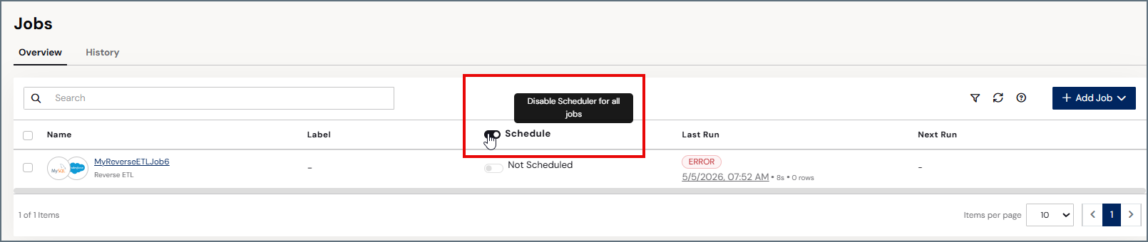Schedule toggle on the Jobs page
