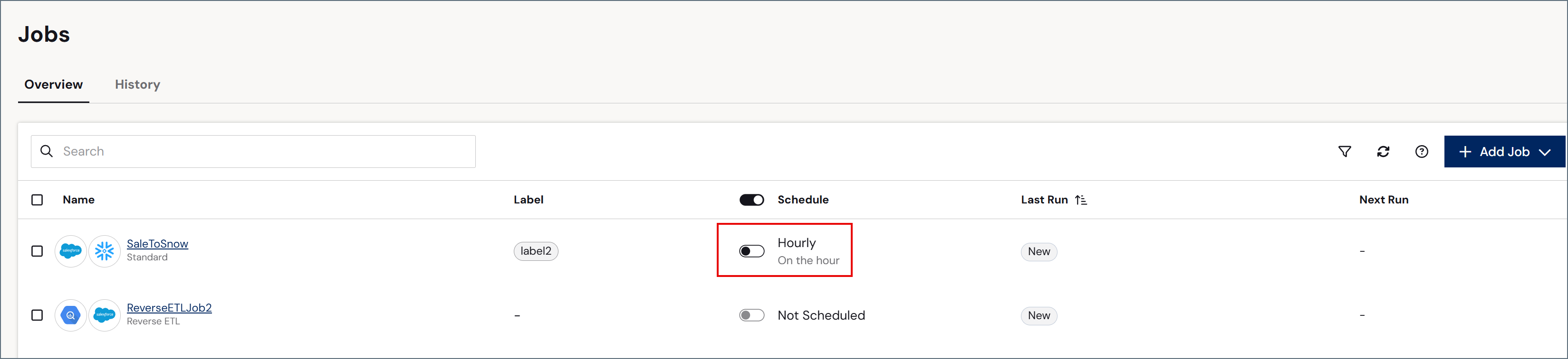 Schedule toggle for a specific job row