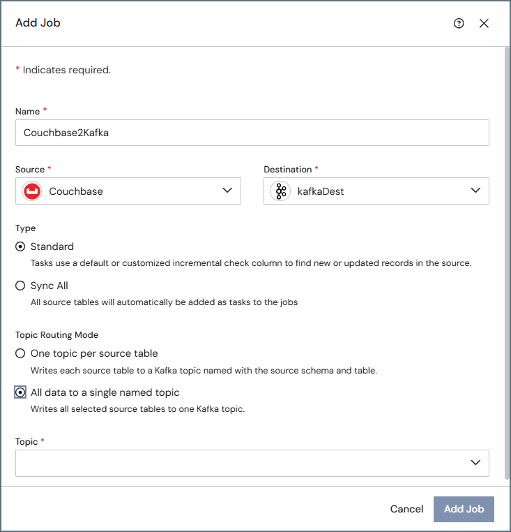 Add Job dialog showing the Topic field for a single named topic