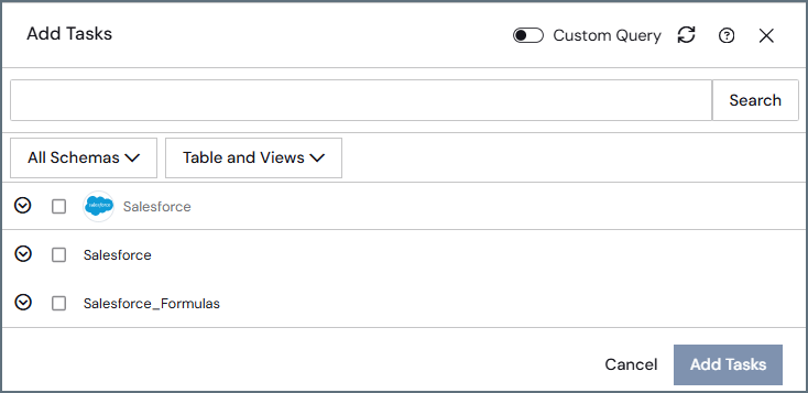 Salesforce schema options in the Add Tasks dialog box