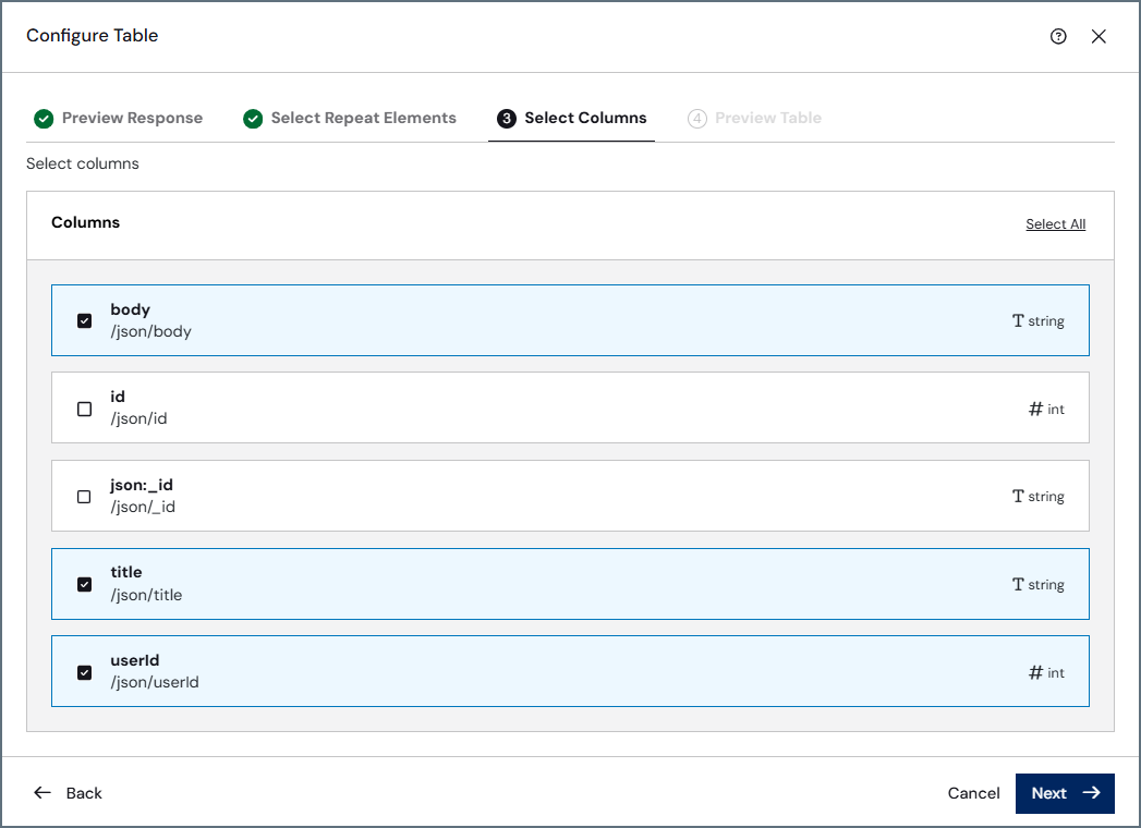 Select columns